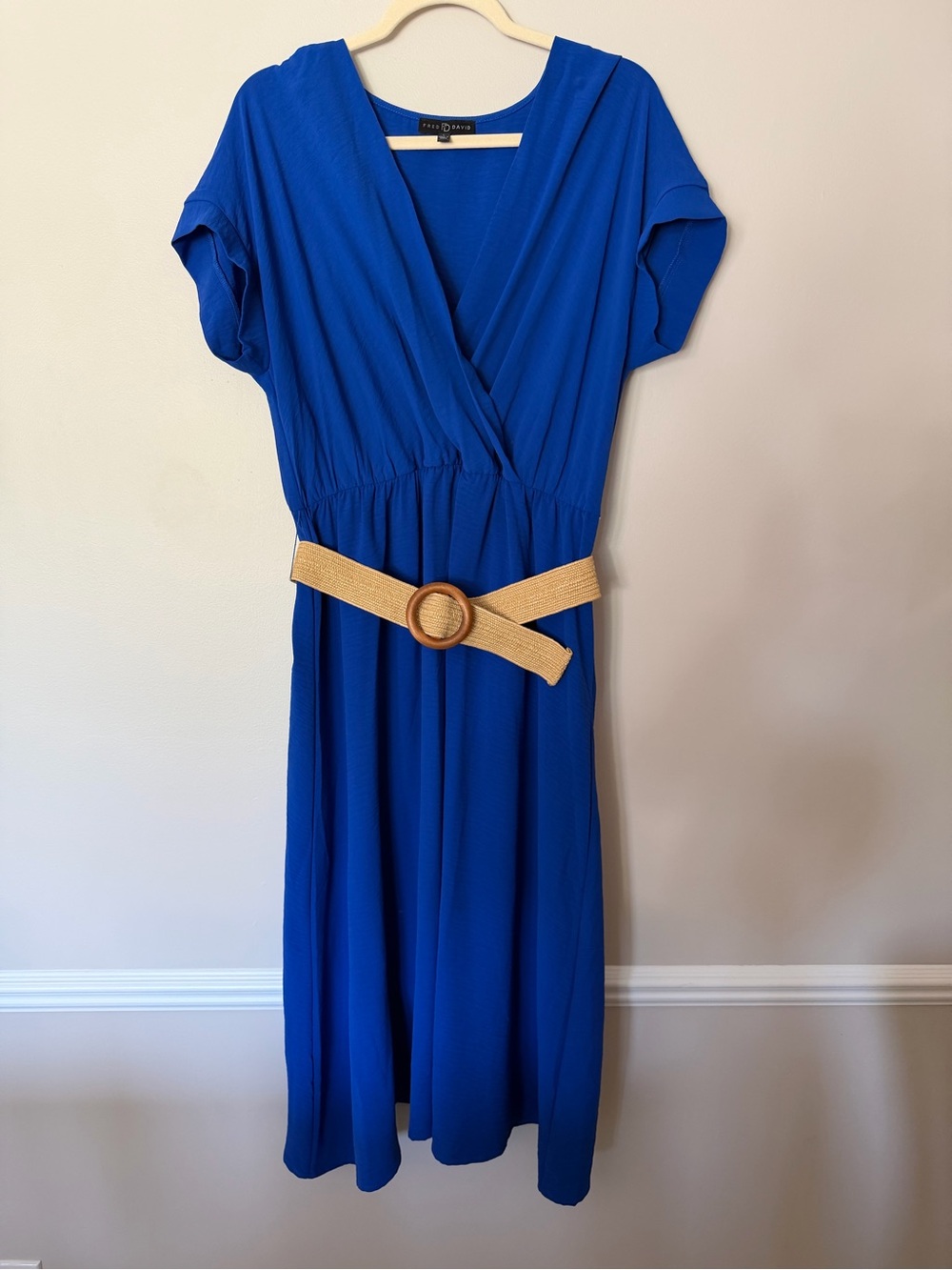 Fred David Royal Blue Faux-Wrap Midi Dress with Tan Woven Belt